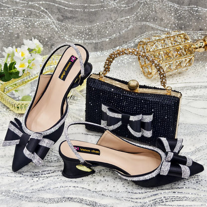 Elegant Gold Satin Rhinestone Bow Slingback Heel & Clutch Bag Set, Women Bridal Matching Kit For Wedding Party Evening Prom Form