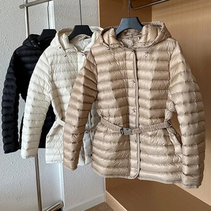 2025 Autumn Winter Luxury Lightweight Short Slim 90% White Duck Down Jacket Women Hooded Detachable Sash Warm Down Coat Fashion