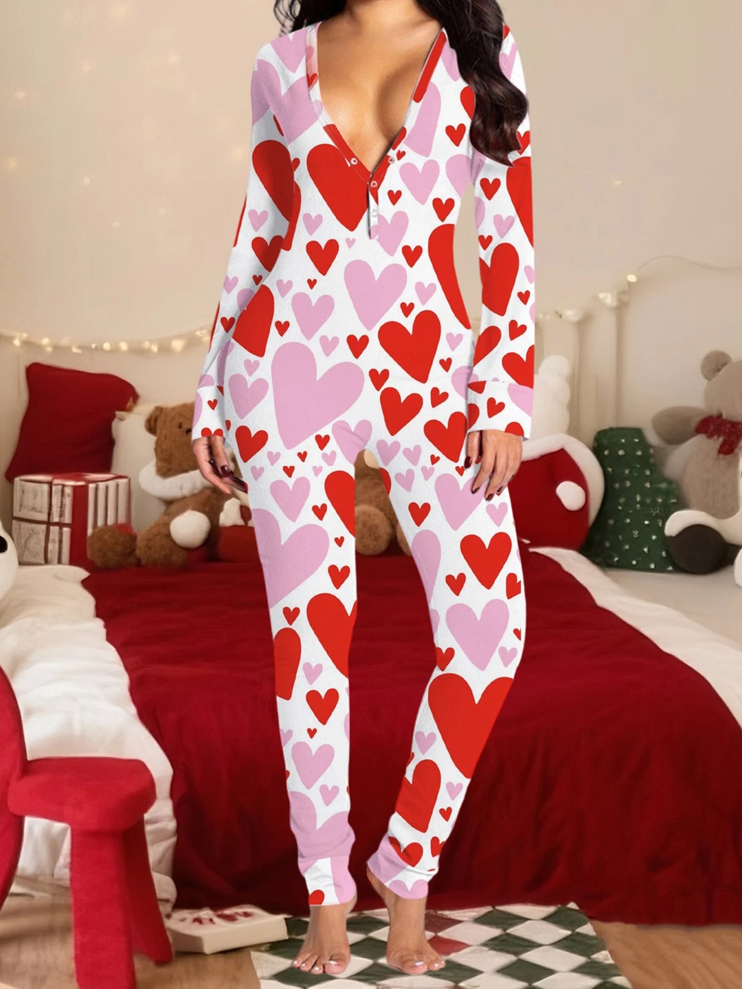 Christmas Women's Jumpsuit Pajamas Long Sleeve V Neck Themed Print Bodysuit Sleepwear with Drop Seat Butt Flap