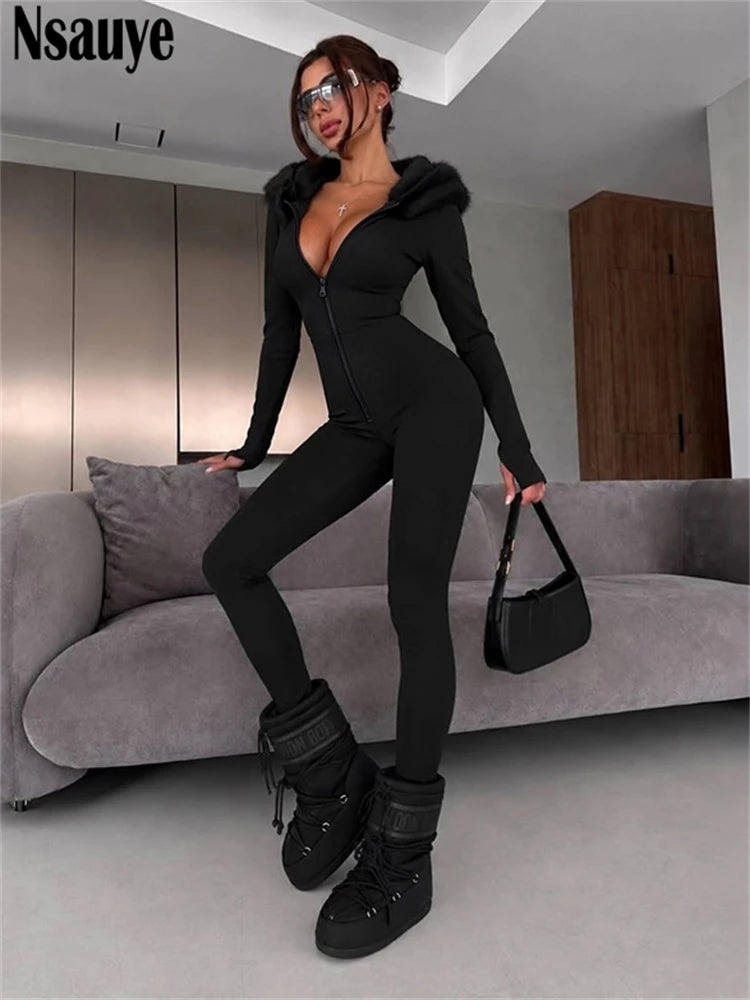 Nsauye Jumpsuits Women Long Sleeve Pullover Faux Fur Hoodies Skinny One Pieces Overalls Sexy Clubwear Sport Y2K Jumpsuit Rompers