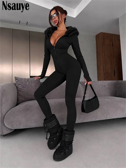Nsauye Jumpsuits Women Long Sleeve Pullover Faux Fur Hoodies Skinny One Pieces Overalls Sexy Clubwear Sport Y2K Jumpsuit Rompers