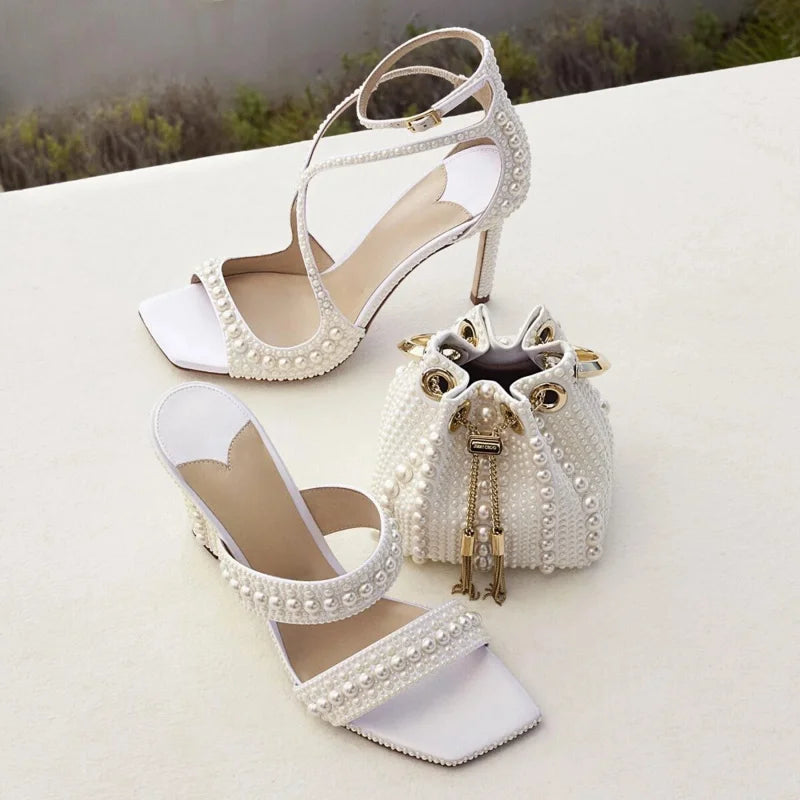 2025 Summer New Luxury White Pearls Decorated Women's Sandals Ankle Straps High Heels Square Toe Party Wedding Sexy Femme Shoes