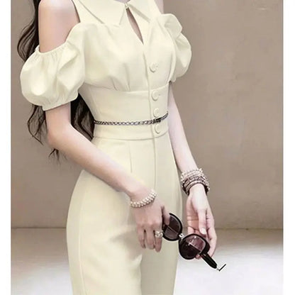 New French Summer Fashion Jumpsuit Women Puff Sleeve Off Shoulder Lapel Slim Waist Elegant Party Jumpsuits Solid Color