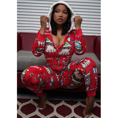 2024 Autumn Fashion Christmas New Women's jumpsuit Loose Elastic Elegant Stripe Fun Zipper Christmas Home Hoodie jumpsuit