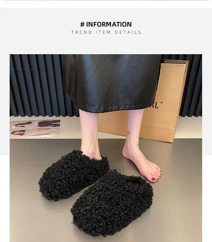 Thick Heel Luxury Lambwool Mules  Winter Shoes Woman Flip Flops Flat Cover Toe Slides Ins Warm Curly Lamb Fur Slippers Women