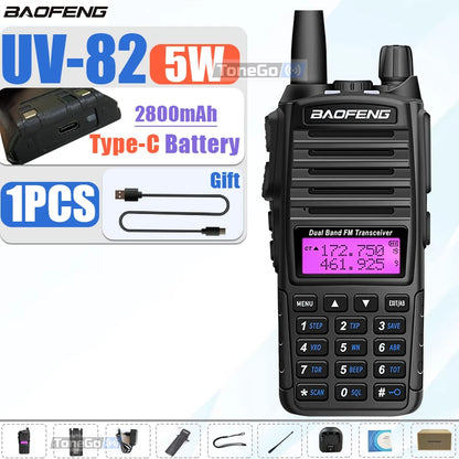1/2Pcs Baofeng UV-82 Walkie Talkie 5/8W Tri-Power FM Radio Type-C Charger Dual PTT Dual Band VHF/UHF Two Way Camouflage For Hunt