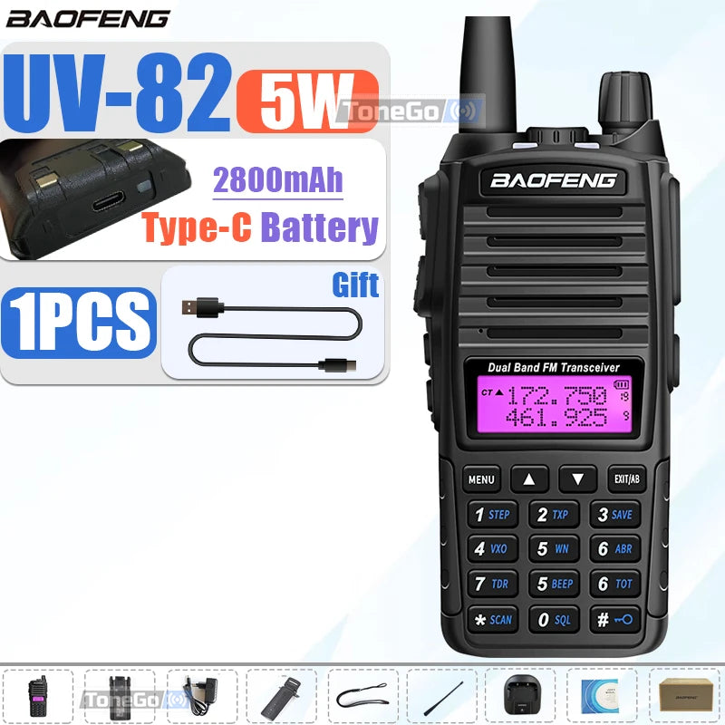 1/2Pcs Baofeng UV-82 Walkie Talkie 5/8W Tri-Power FM Radio Type-C Charger Dual PTT Dual Band VHF/UHF Two Way Camouflage For Hunt