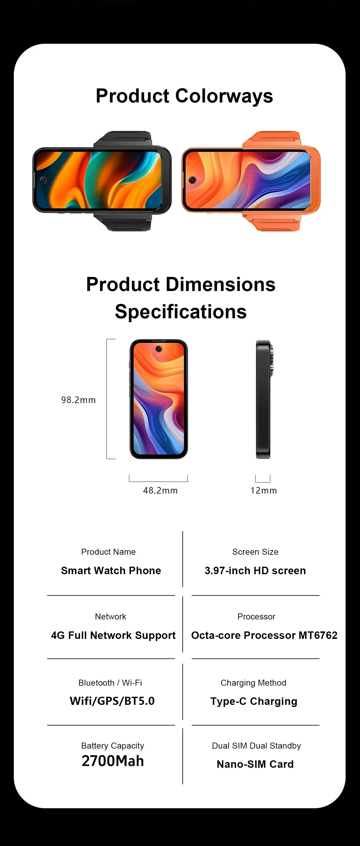 New PG999 Smart Watch Phone Touchscreen Global Connectivity Octa-core Processor GPS Dual SIM Dual Standby Android HD Camera WiFi
