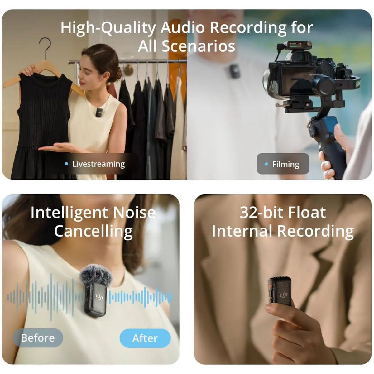 DJI Mic 2 (2 TX + 1 RX + Charging Case), All-in-one Wireless Microphone, Intelligent Noise Cancelling, 32-bit Float Internal Recording, 250m (820 ft.) Range, Microphone for iPhone, Android, Camera