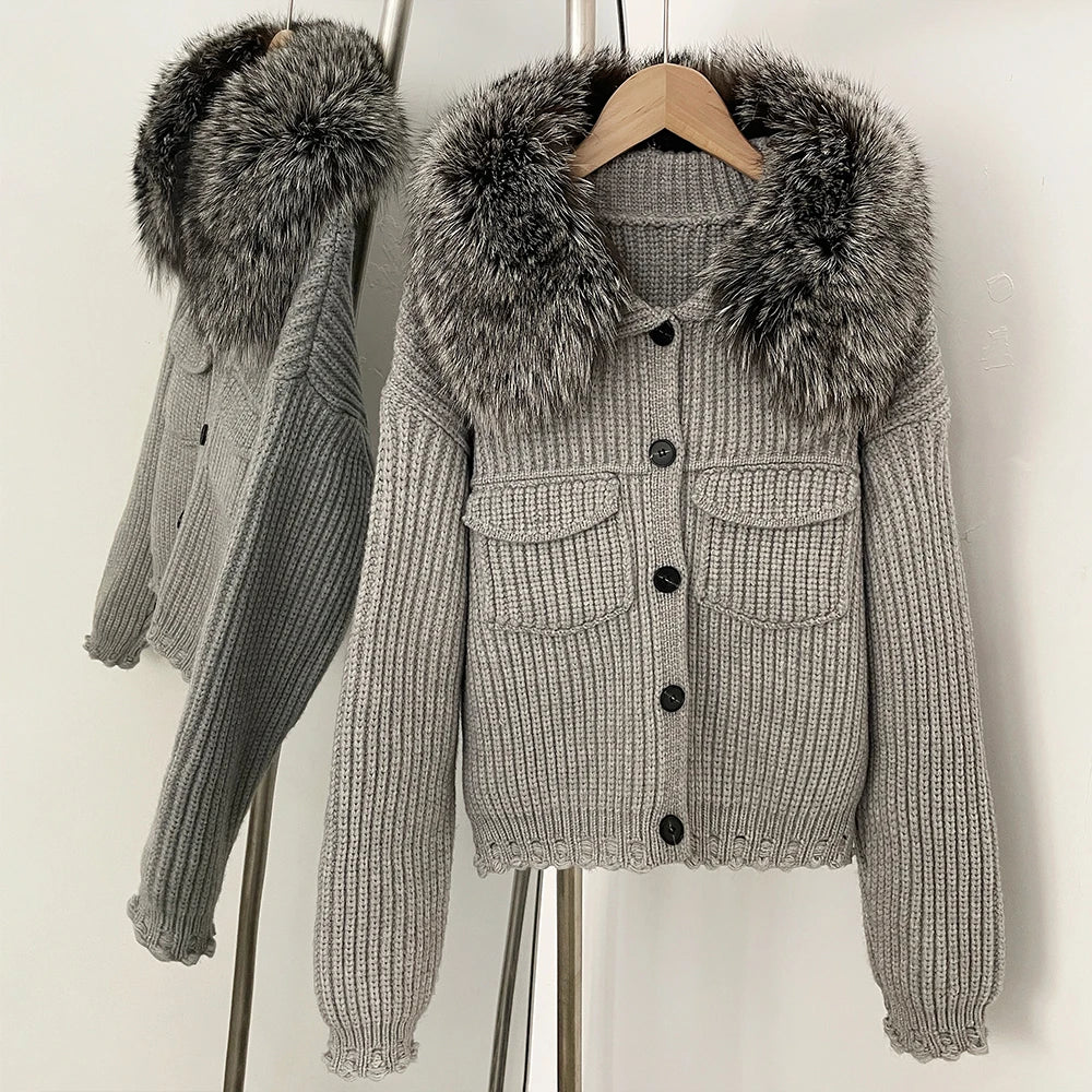 OFTBUY 2025 New Autumn Winter Women Real Fox Fur Caedigan Natural Fox Fur Hooded Jacket Decoration Lady's Sweater Coat