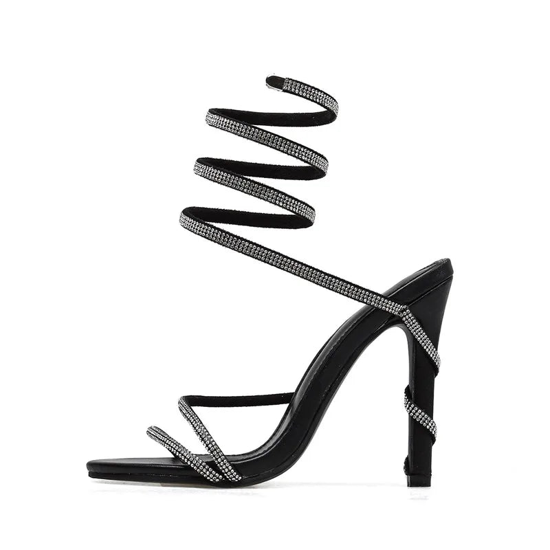 Luxury Crystal Snake Coiled Women Sandals Sexy Narrow band Thin High heels Wedding Party Female Gladiator Sandals Summer Shoes