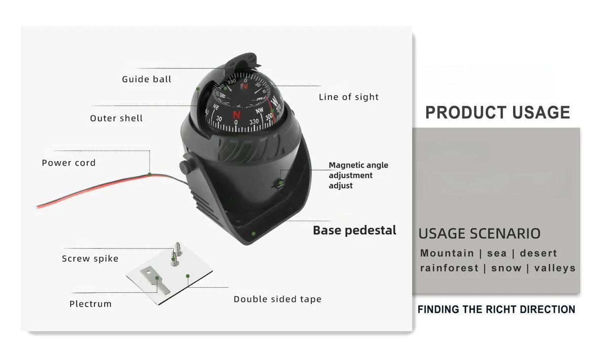 LED Light Electronic Compass, High Precision Pivoting Navigation Compass for Boat Car Marine Use