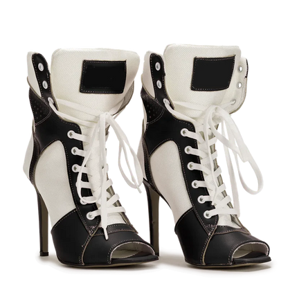 Peep Toe Corss Tied Patchwork Ankle Boots Sexy Square Toe Thick Heel New Arrivals Fashion Women Runway Shoes