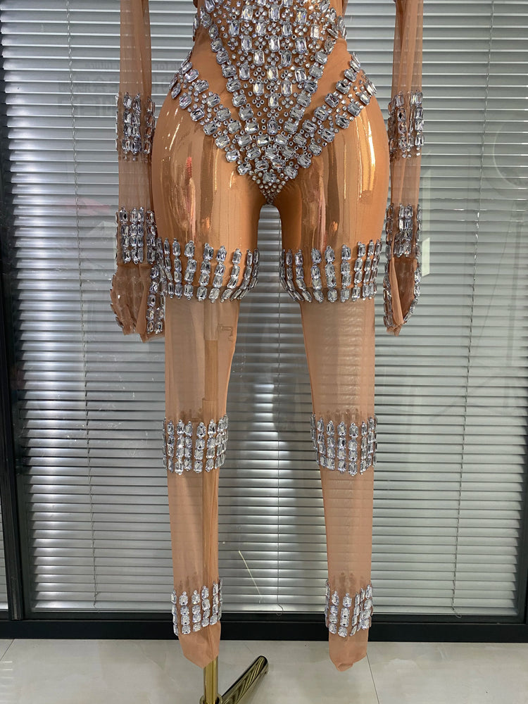 Club Outfits Woman 2026 Sparkly Crystal Sheer Transparent Jumpsuits Masquerade Costume Dress Carnival Parade Festival Catsuit