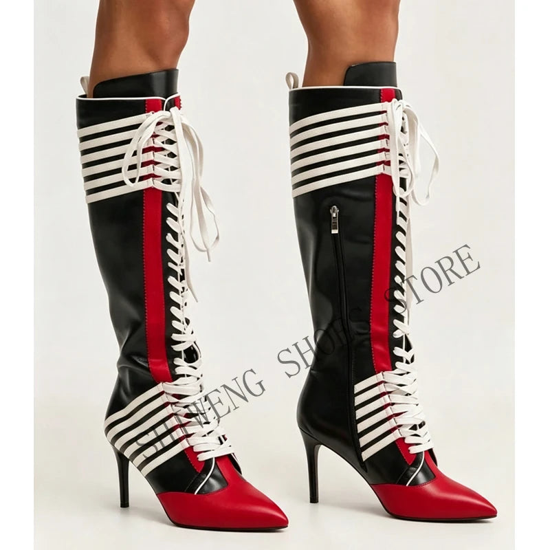 2026 New Black Red Color Block Striped Knee High Boots Women Full Lace Up Thin Stiletto High Heel Fashion Streetwear Long Boots