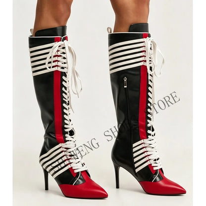 2026 New Black Red Color Block Striped Knee High Boots Women Full Lace Up Thin Stiletto High Heel Fashion Streetwear Long Boots