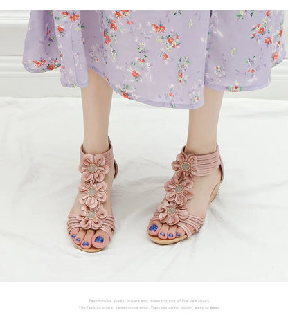 High quality leather flat sandals for women 5cm mid heel flower summer 2026 36 42 open toe vintage beach shoe black pink beige