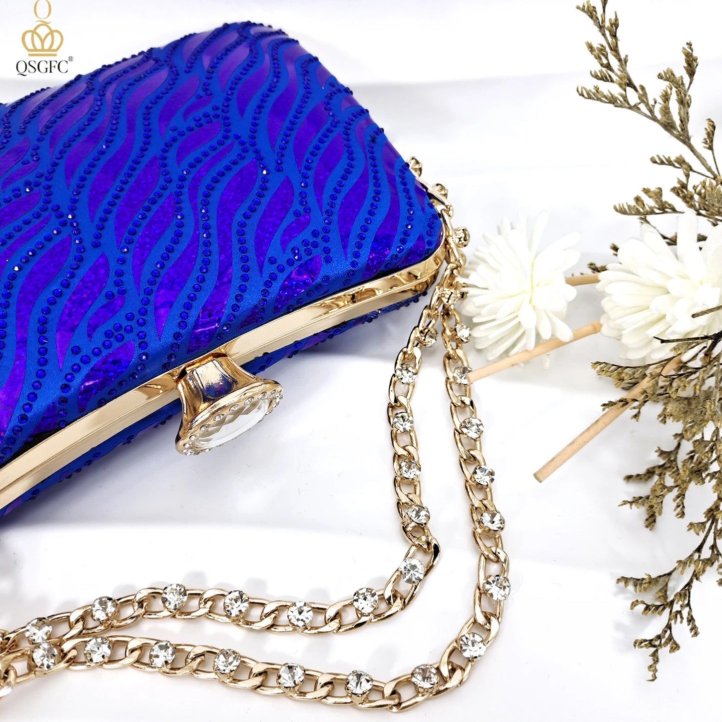 QSGFC New Arrival Fashion Shoes Matching Bag Set Royal Blue Color Decorated with Crystal Ladies Wedding Party Women High Heel