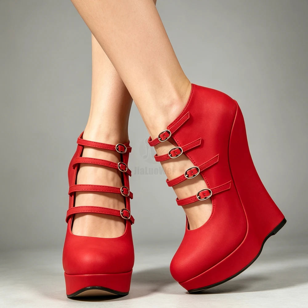 Blue PU Leather 6 Inch Wedge Sandals Women Sexy Multi Strap Buckle High Heel Platform Pumps Gothic Fetish Plus Size Shoe