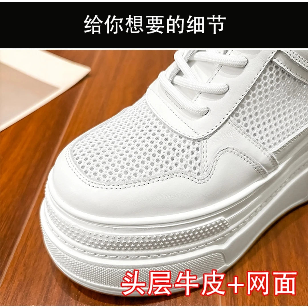 10-14cm Chunky Sneakers Women Platform Shoes Elevator Shoe White Mesh Breathable Sneakers Real Leather Increasing Shoes