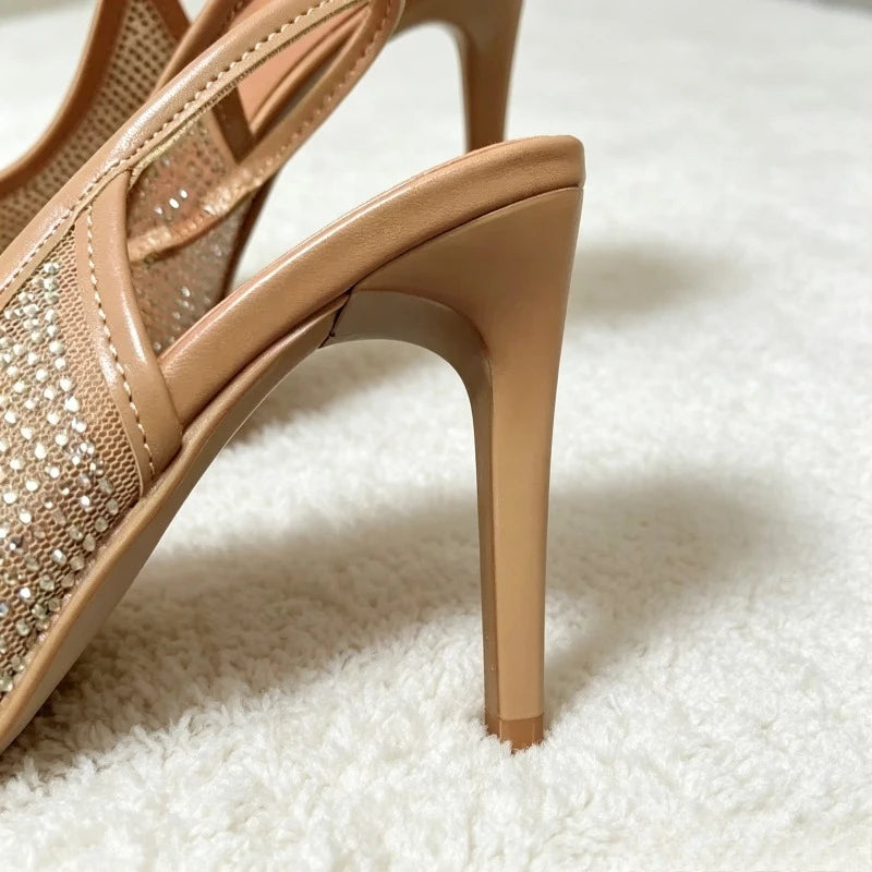 Luxury Designer Rhinestone Heeled Sandals Women Sexy Pointed Toe Mesh Breathable Thin High Heels Elegant Party Dress Pumps Shoes