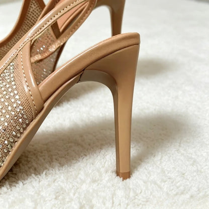 Luxury Designer Rhinestone Heeled Sandals Women Sexy Pointed Toe Mesh Breathable Thin High Heels Elegant Party Dress Pumps Shoes