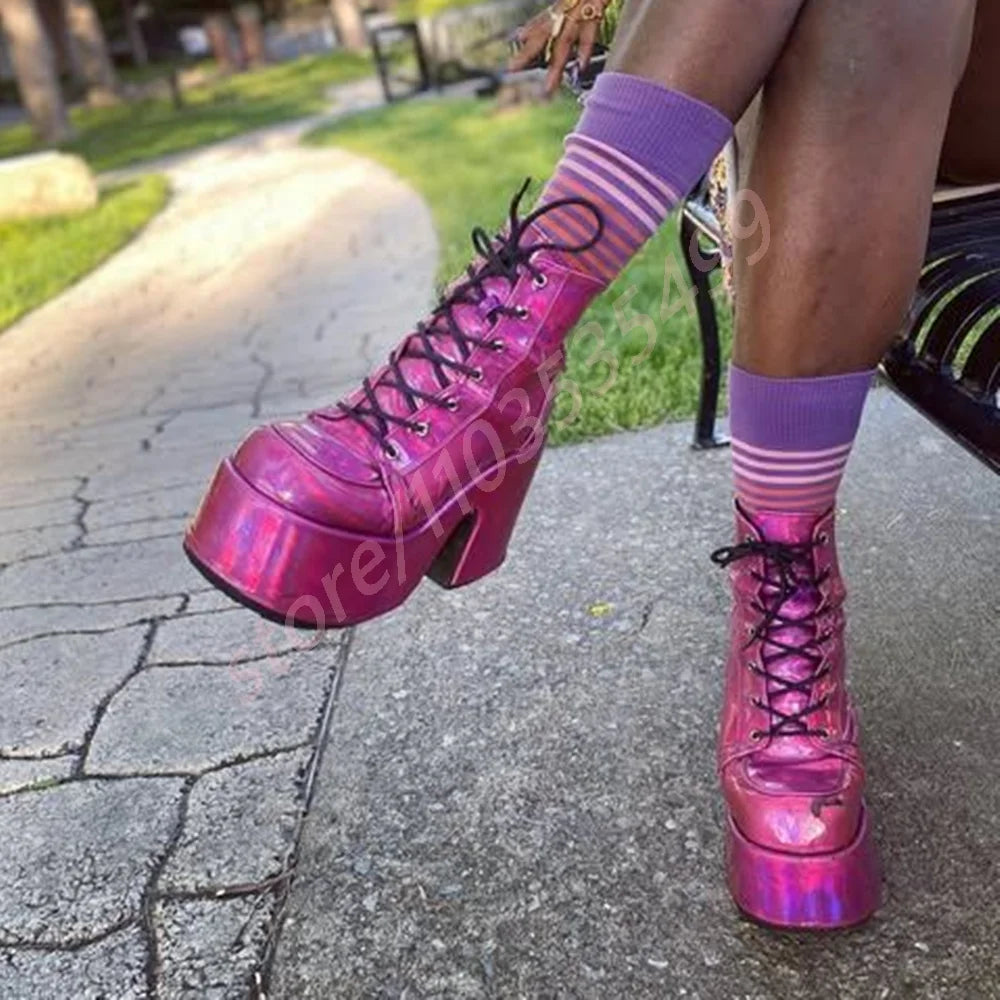 Thick Sole Round Toe Punk Party Boots 2025 New Street Rock Lace-Up Motorcycle Boots Fashion 34-48 Thick High Heel Ankle Boots
