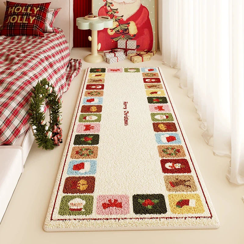 VIKAMA Holly Jolly Christmas Bedside Rug Plush Soft Non Slip Carpet Santa Tree Bedroom Floor Mat Decoration