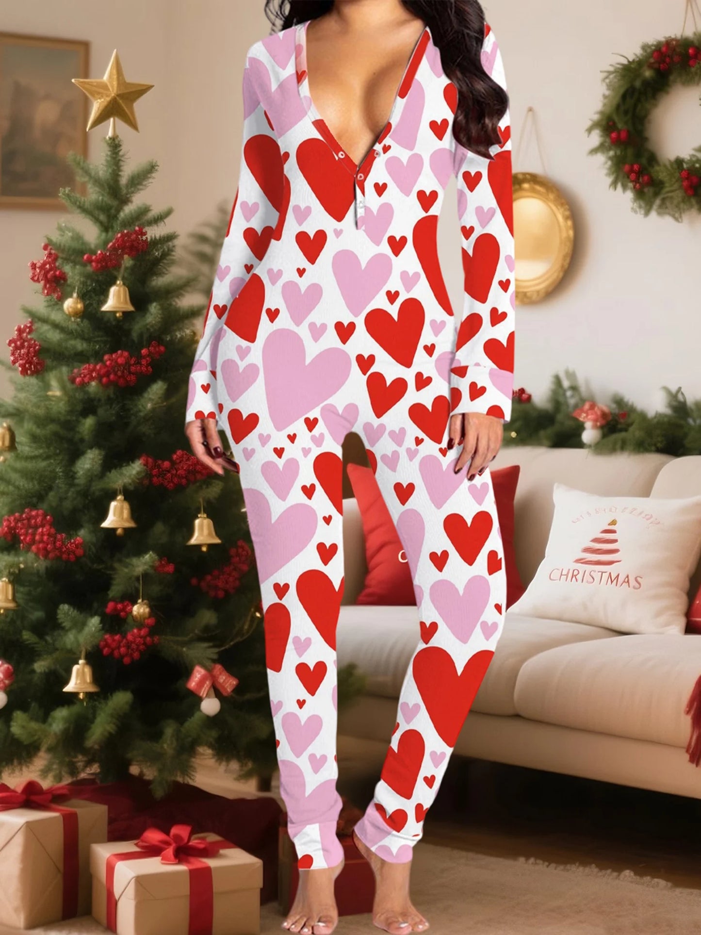 Christmas Women's Jumpsuit Pajamas Long Sleeve V Neck Themed Print Bodysuit Sleepwear with Drop Seat Butt Flap