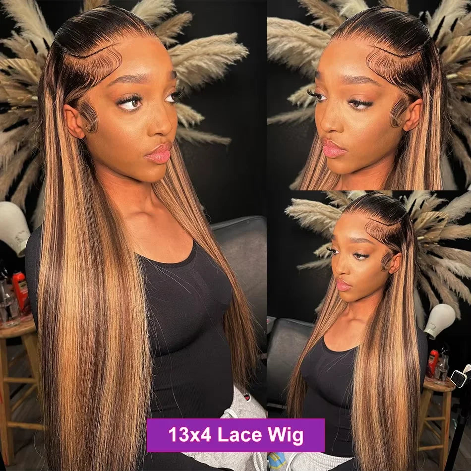 4/27Highlight Straight Lace Front Wig Human Hair 13x6 Lace Frontal Wigs Brazilian Honey Blonde Colored Wigs Remy 100% Human Hair