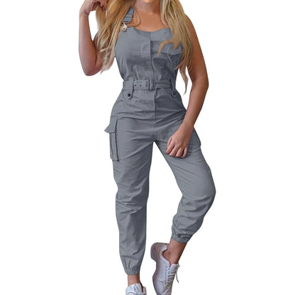 Women'S Large Size Cargo Romper Fashion Trend High Waist Clasp Pocket Jumpsuits Simple Solid Comfy Fitting Strap Jumpsuit 5xl