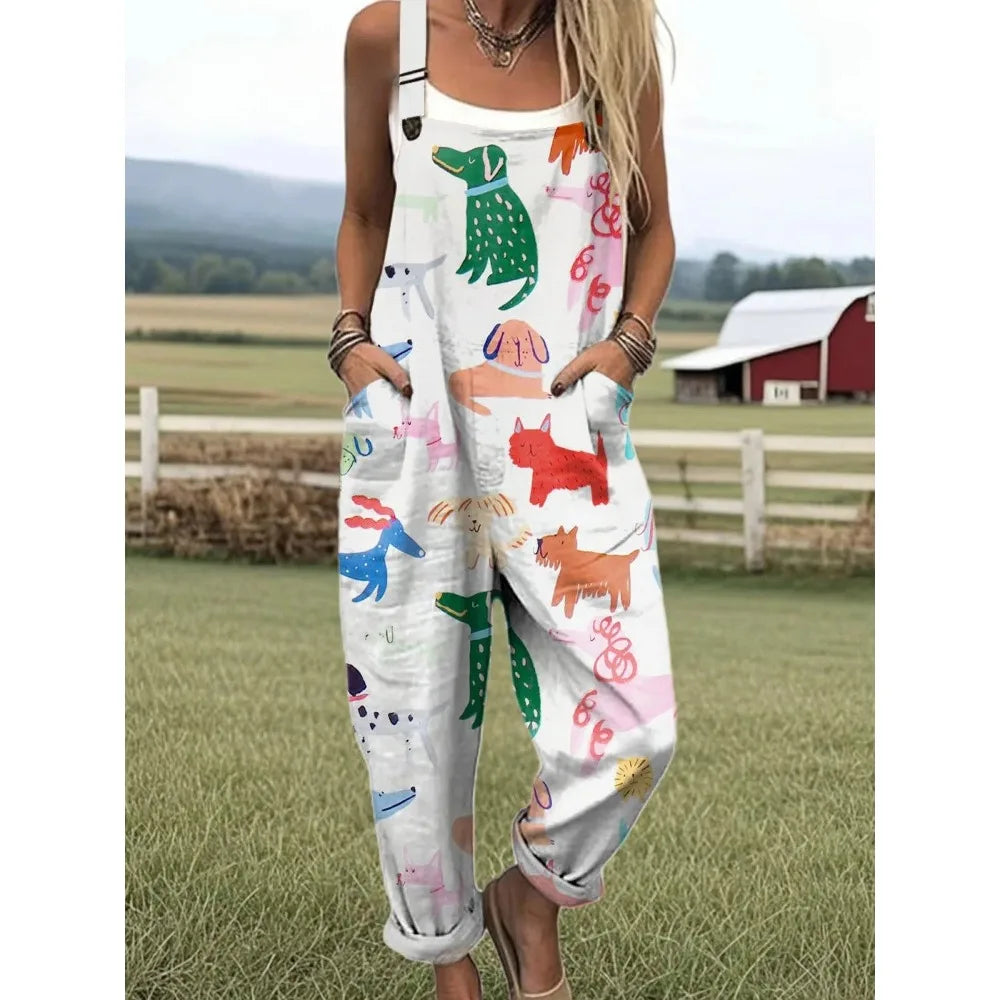 Relaxed Fit Women's Overalls with Cute Animals Patterns Fashion Jumpsuits Adjustable Design for Picnics and Country Outings