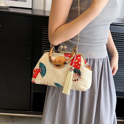 Designer Bamboo Handle Handbag Retro Embroidery Women Evening Bag High-end Nylon Crossbody Bag Luxury Lady Shoulder Bags Satchel