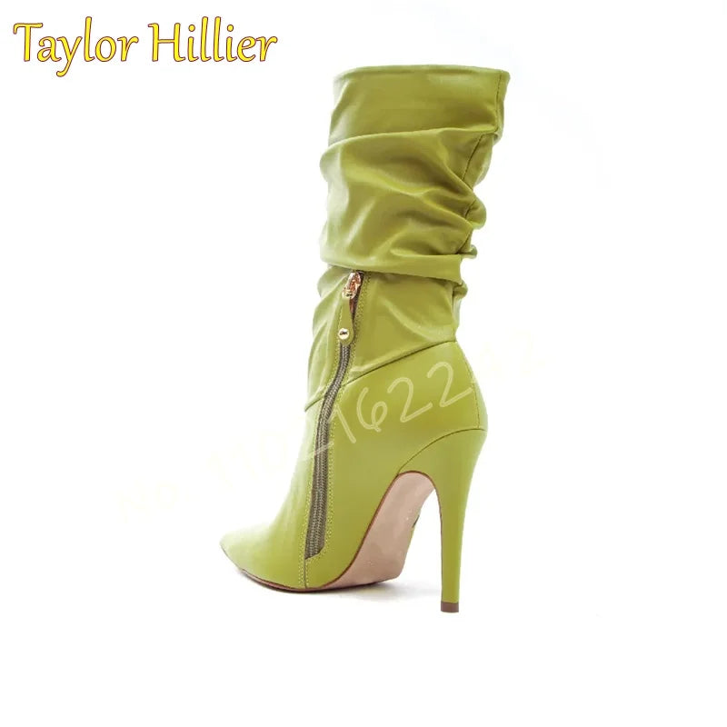 Autumn Avocado Color Pleated Short Boots Pointed Toe Stiletto Side Zipper Mid-Calf Nude Boots Catwalk Party Formal Boots Women