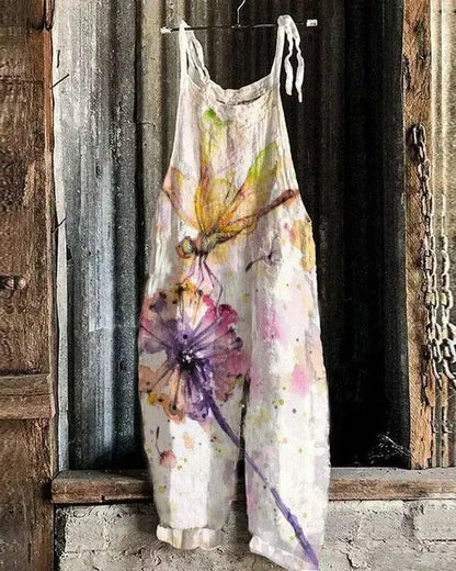 Vintage Style Jumpsuit Women Casual Floral Rompers Loose Boho Casual Jumpsuits Sleeveless Print Strappy Jumpsuit 2024 New