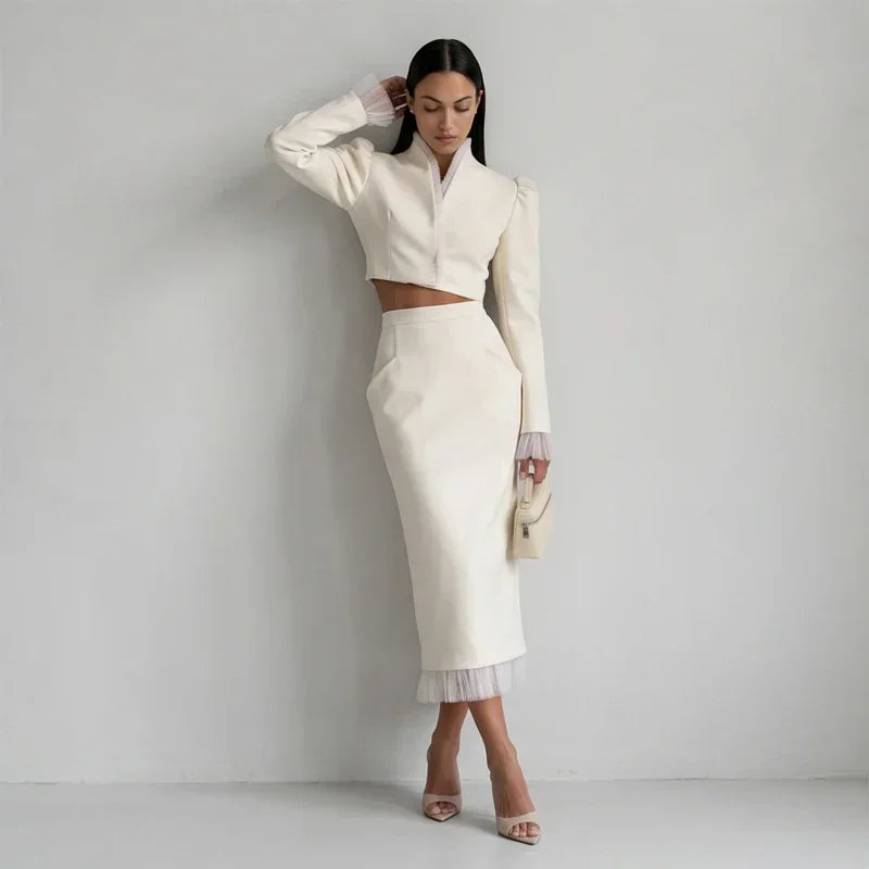 White Women's mesh two piece set Puff Sleeve V Neck blazer two piece dress set Daily Commuter Party  Outfit 2026 Summer Style