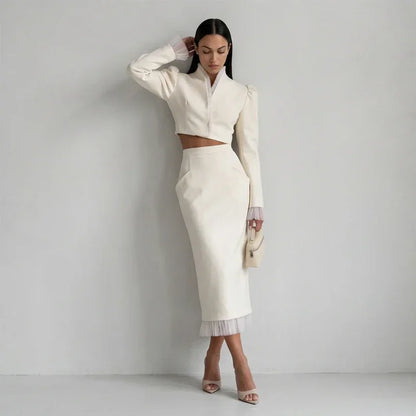 White Women's mesh two piece set Puff Sleeve V Neck blazer two piece dress set Daily Commuter Party  Outfit 2026 Summer Style