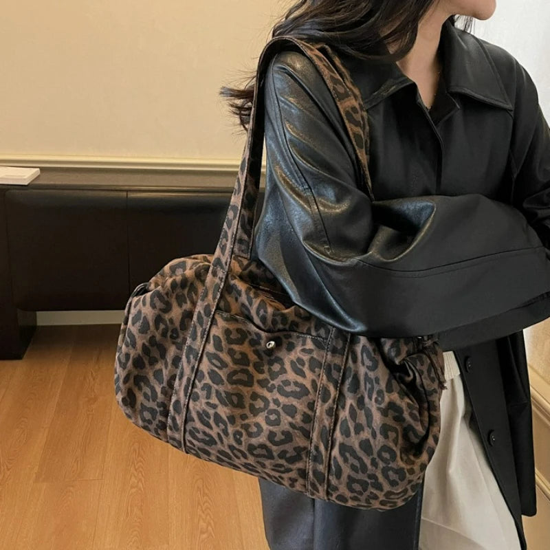 Trendy Leopard Print Canvas Shoulder Bag Large Capacity Fashion Tote Handle Bag for Daily Commute Versatile Texture Storage Bags