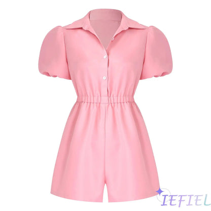 Fashion Women Short Puff Sleeve Romper Lapel Front Button Elastic Waist Shorts Jumpsuit for Office Vacation Casual Clothing