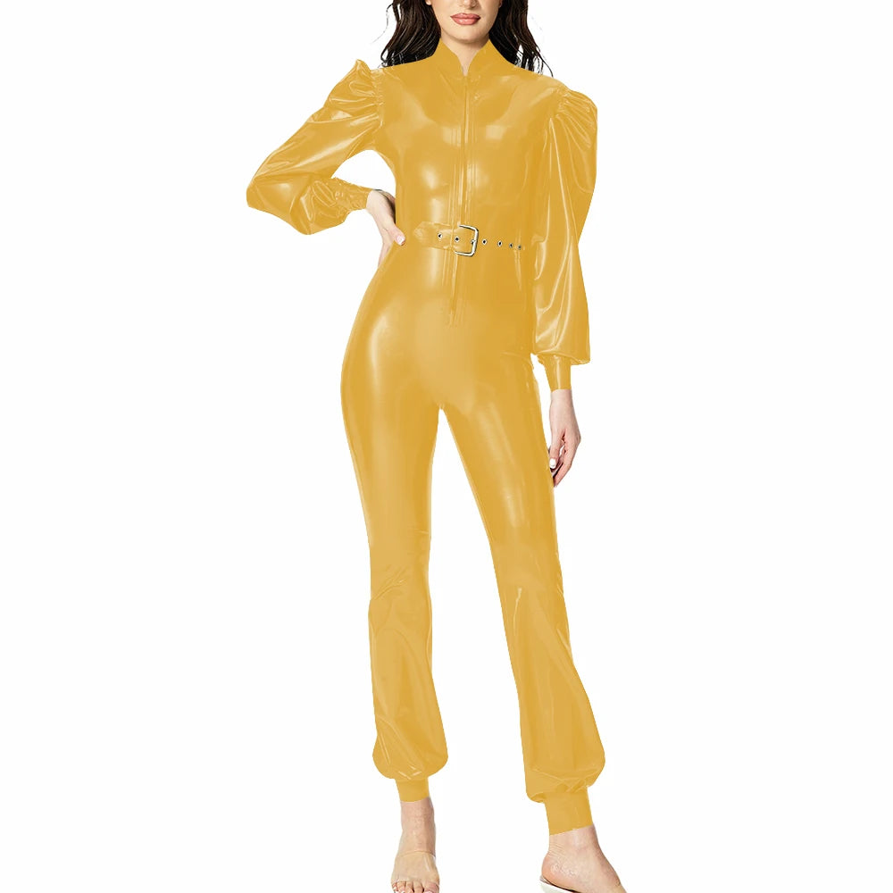 Plus Size Fashionable PVC Patent Leather Jumpsuit for Women Latex-look Clubwear Stand Collar Belt Puff Long Sleeve Slim Rompers