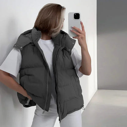 Winter Padded Vests For Woman Zipper Hooded Sleeveless Jacket and Waistcoats Fashion Warm Parkas Coat Outerwear Streetwear