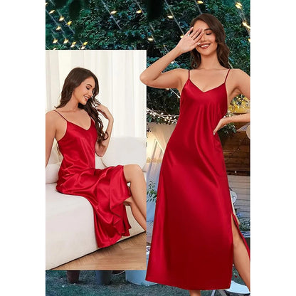 High-End Sleeveless Nightgown with High Side Slit Suggestive Long Split Nightwear Home Dress Multi-Color Options