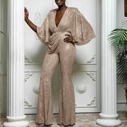Women's Sequin Jumpsuit Sexy Deep V Backless Lady Elegant Fashion Half Sleeve Wide-leg Trousers New Party Jumpsuits