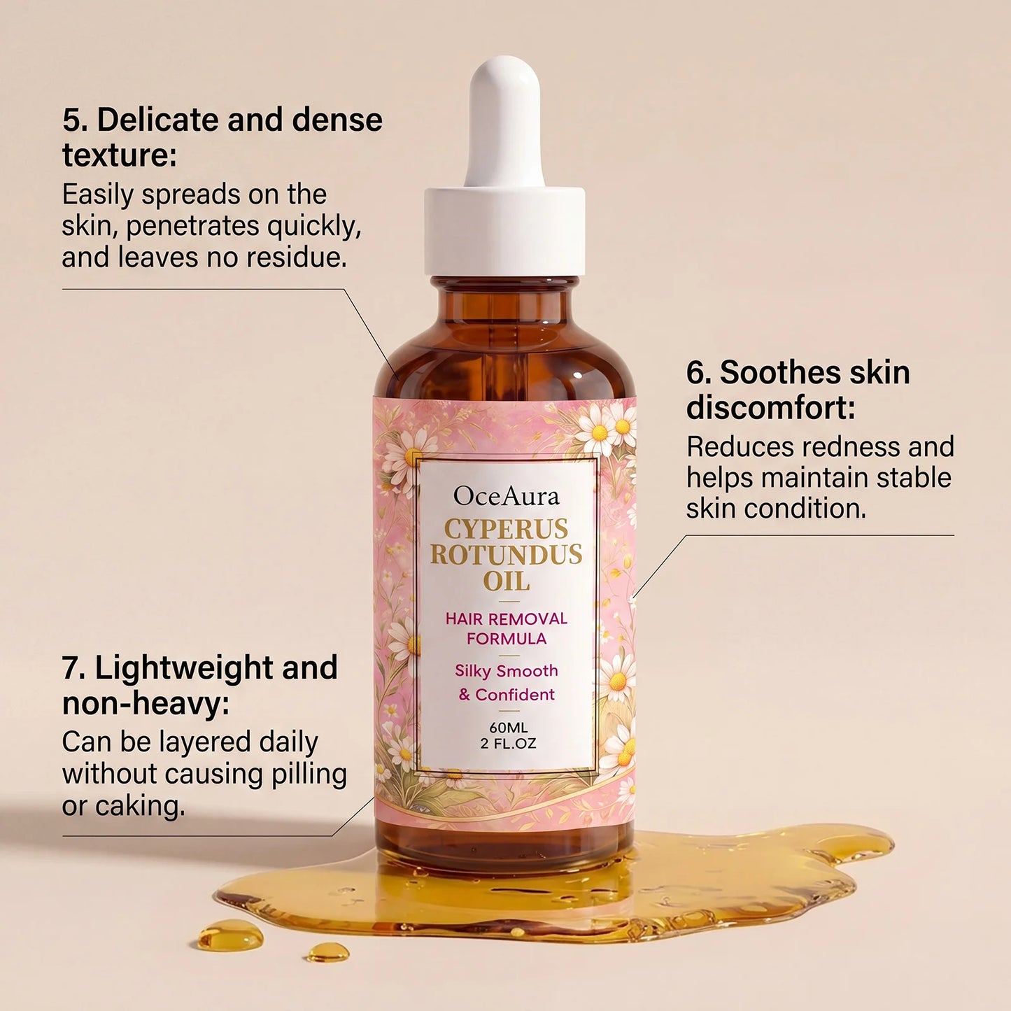 OceAura Cyperus Rotundus Hair Removal Oil Lightweight Non Greasy Gentle Soothing Moisturizing Silky Smooth Hair Reduction Oil