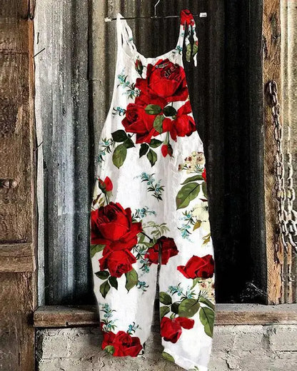 Vintage Style Jumpsuit Women Casual Floral Rompers Loose Boho Casual Jumpsuits Sleeveless Print Strappy Jumpsuit 2024 New