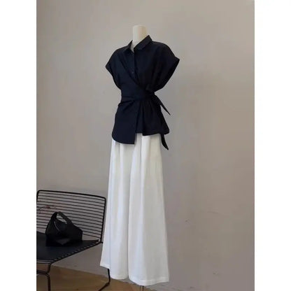 2026 New Women's Fashion Shirt And Pants Set Belted Loose Wide Leg Pants Thin Material Spring Autumn Wear High Waist Polyester