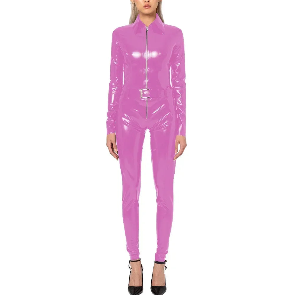 Plus Size Faux Latex Catsuit Elastic PVC Leather Zipper Long Sleeve Jumpsuit Tight Sexy Cosplay Rompers Ankle-length Club Zentai
