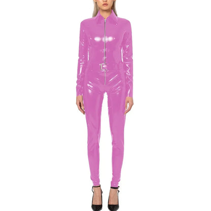 Plus Size Faux Latex Catsuit Elastic PVC Leather Zipper Long Sleeve Jumpsuit Tight Sexy Cosplay Rompers Ankle-length Club Zentai