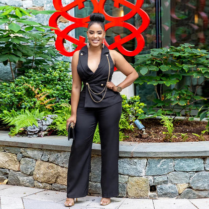 CMYAYA Elegant Womenv-neck High Waist Straight Sleeveless Blazer Jumpsuits 2024 Fall Street Chain Office Lady Party Rompers