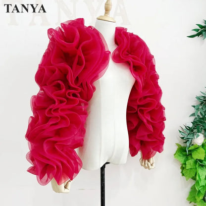 Puff Black Tulle Long Sleeves Jacket Girls Exaggerated Bolero Coat Dark Red Matching Evening Dress Women Formal Elegant Wrap